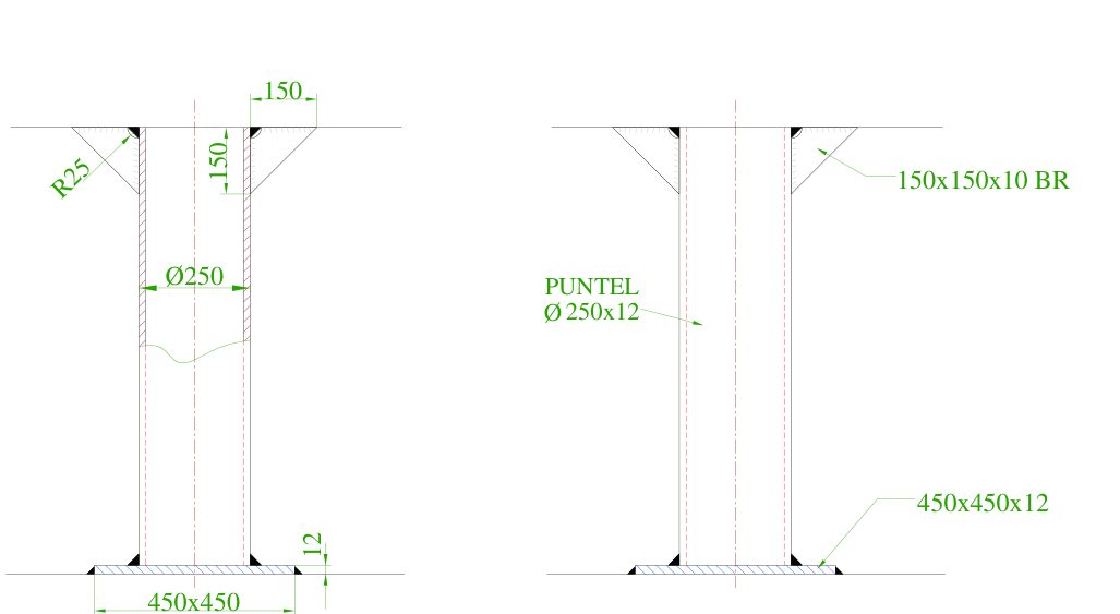 Ø250×12 boru puntel: 150×150 braketler ve 450×450×12 dablin sacı ile detay (solda) ve işçilik resmi (sağda)